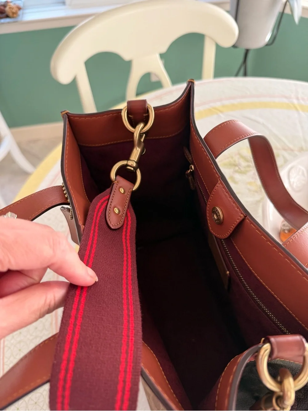 Coach Brown Canvas Shoulder Bag, Leather Trims, with Red Strap